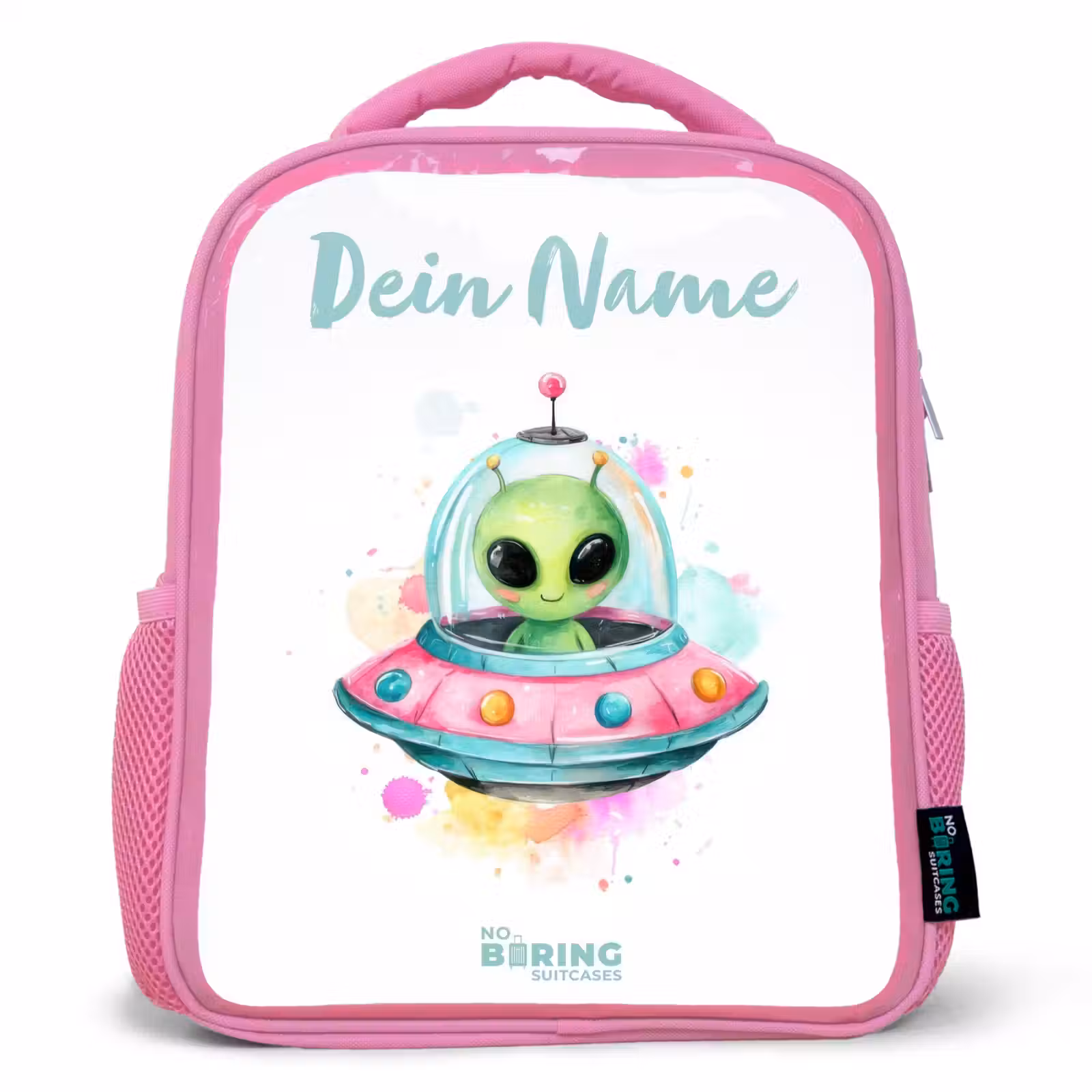 Rucksack Kind - Rosa - Grüner Außerirdischer in buntem UFO — 1