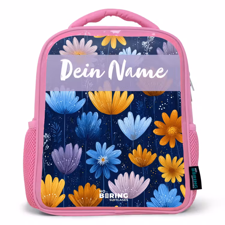 Rucksack Kind - Rosa - Blumen - Muster - Blau — 1