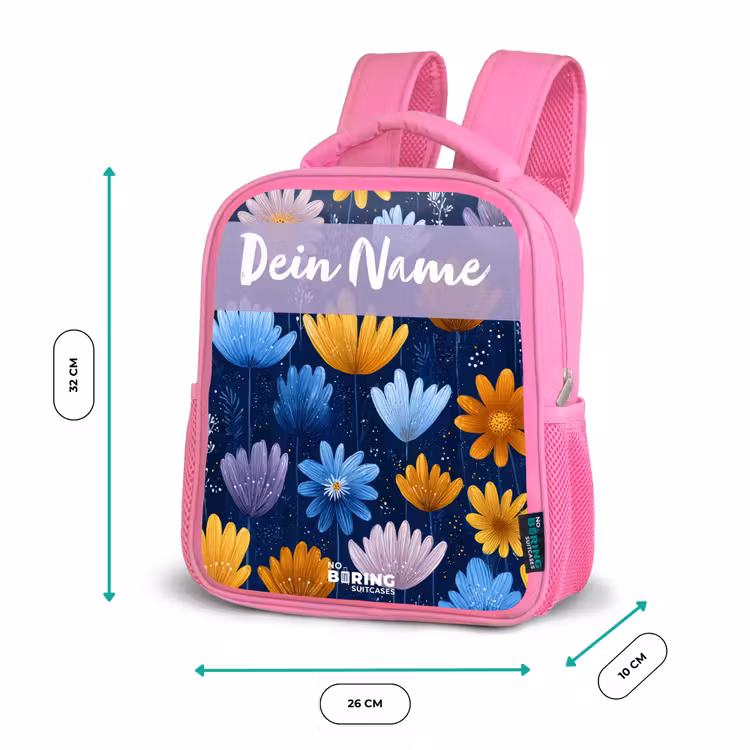 Rucksack Kind - Rosa - Blumen - Muster - Blau — 2