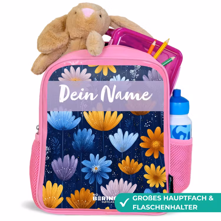 Rucksack Kind - Rosa - Blumen - Muster - Blau — 3
