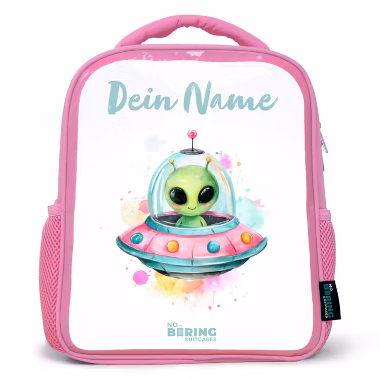 Rucksack Kind - Rosa - Grüner Außerirdischer in buntem UFO — 1
