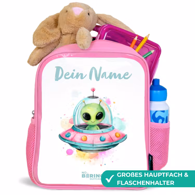 Rucksack Kind - Rosa - Grüner Außerirdischer in buntem UFO — 3