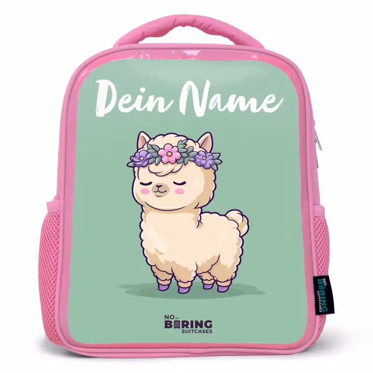 Kinderrucksack mit Namen - Rosa - Kawai - Alpaka - Grün — 1