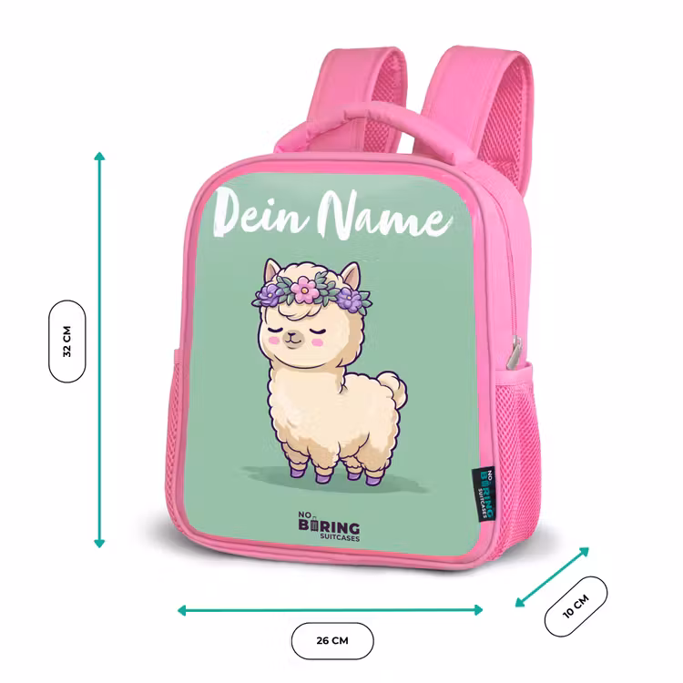 Kinderrucksack mit Namen - Rosa - Kawai - Alpaka - Grün — 2
