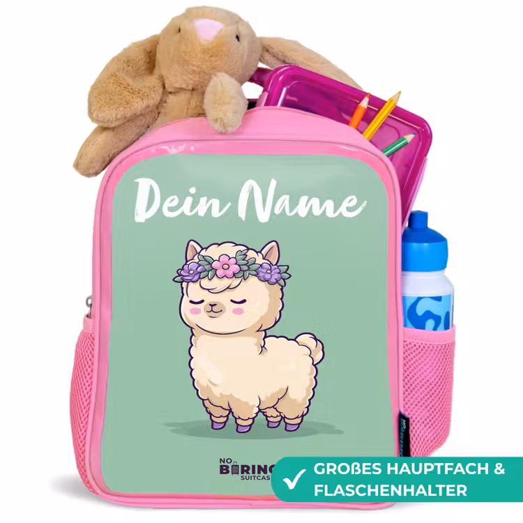 Kinderrucksack mit Namen - Rosa - Kawai - Alpaka - Grün — 3