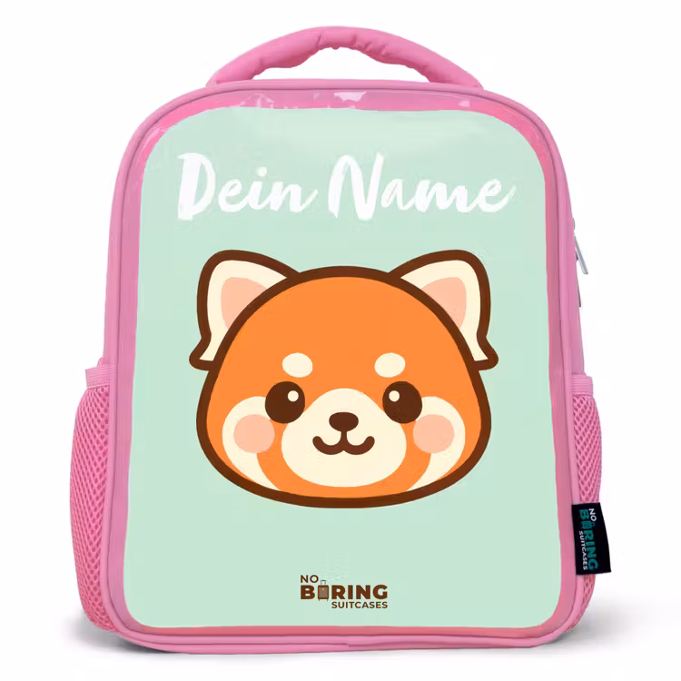 Kinderrucksack mit Namen - Rosa - Kawai - Roter Panda - Grün — 1