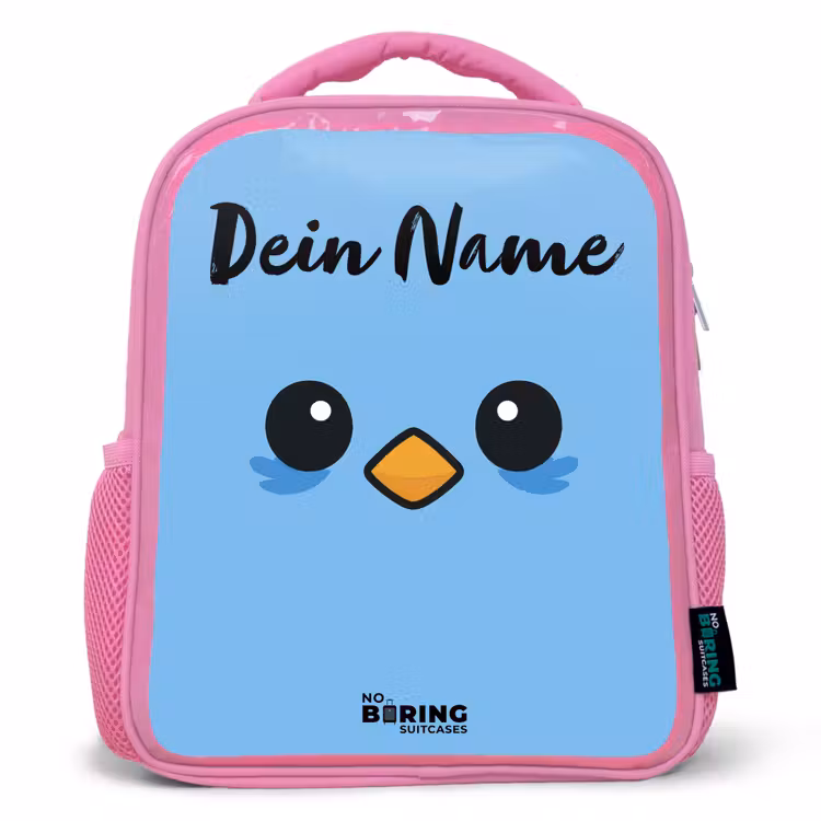 Kinderrucksack mit Namen - Rosa - Kawai - Vogel - Blau — 1