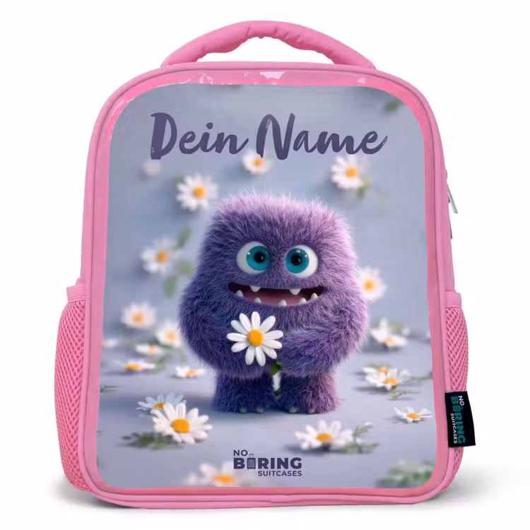 Rucksack Kind - Rosa - Lila flauschiger Freund mit Gänseblümchen — 1