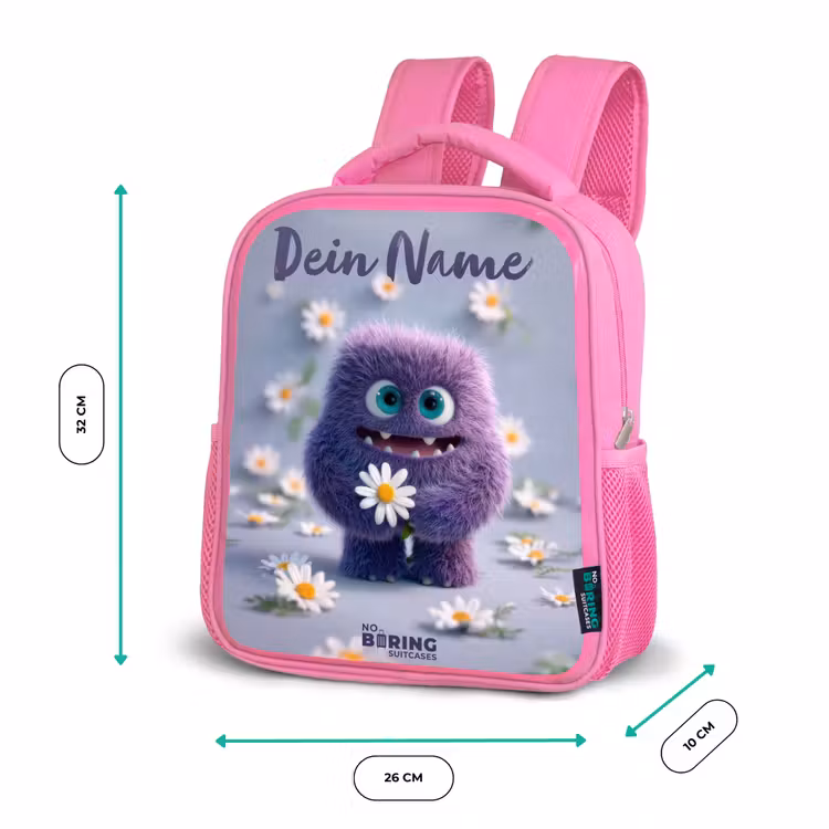 Rucksack Kind - Rosa - Lila flauschiger Freund mit Gänseblümchen — 2