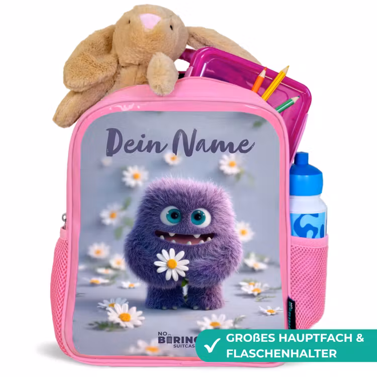 Rucksack Kind - Rosa - Lila flauschiger Freund mit Gänseblümchen — 3