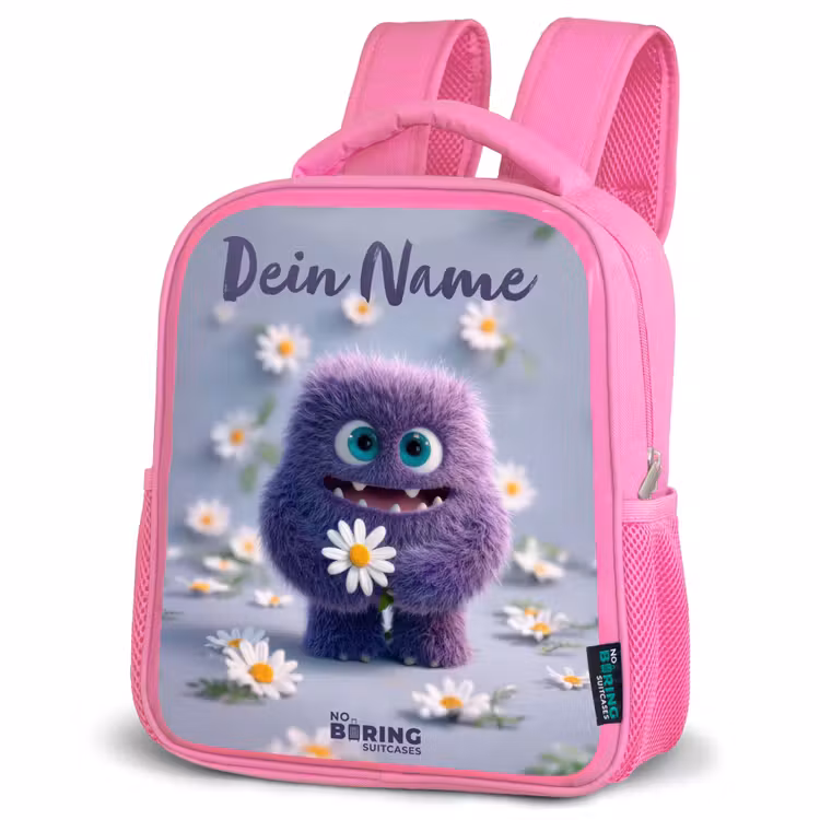 Rucksack Kind - Rosa - Lila flauschiger Freund mit Gänseblümchen — 4