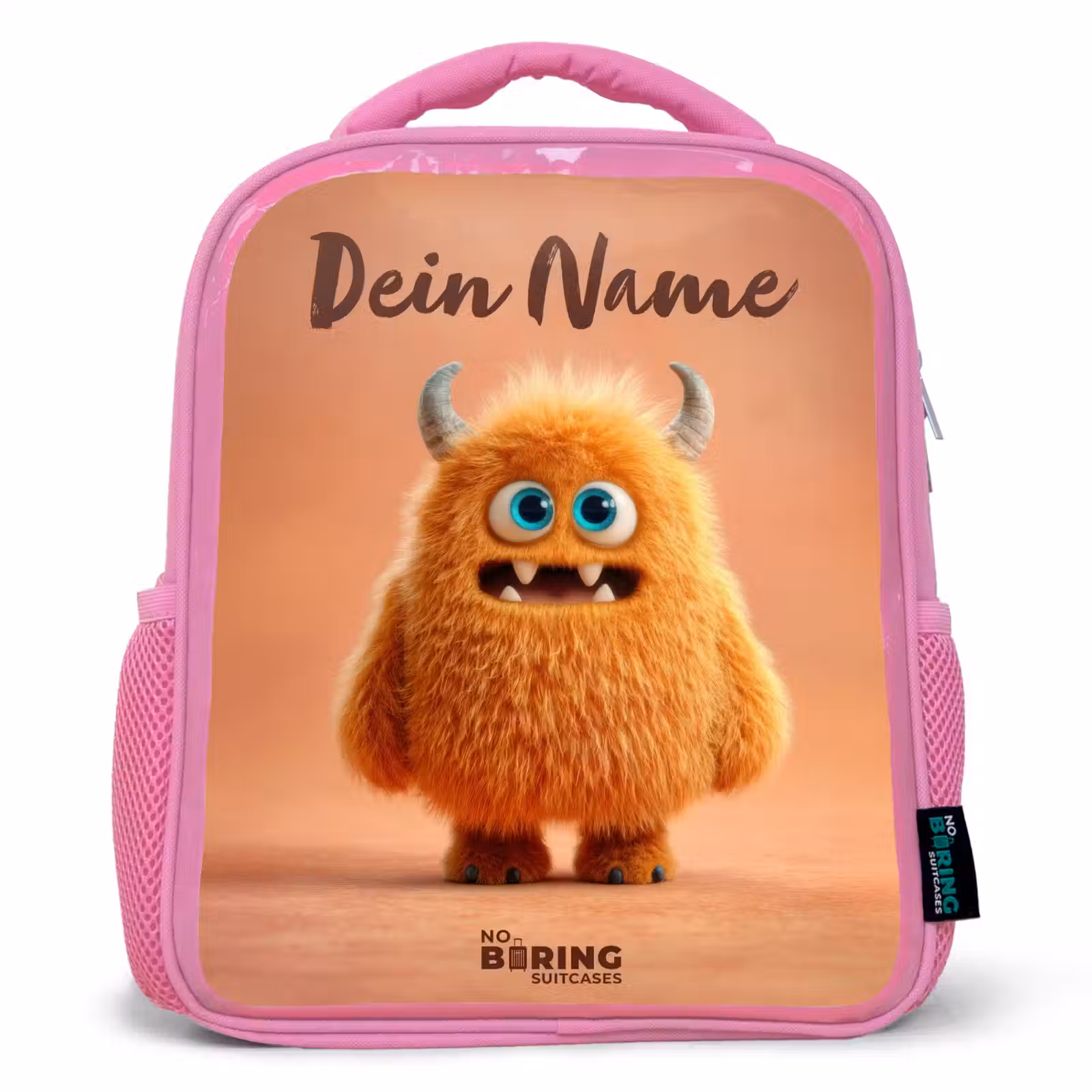 Rucksack Kind - Rosa - Orangefarbenes flauschiges Monster mit Hörnern — 1