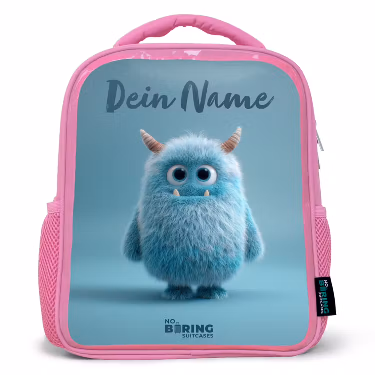 Rucksack Kind - Rosa - Blaues Plüschmonster mit Hörnern — 1