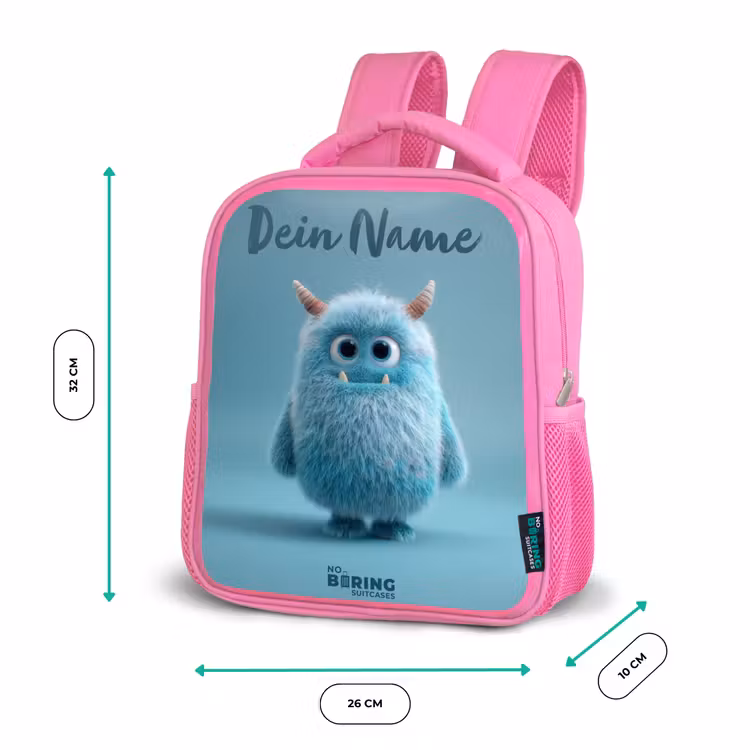 Rucksack Kind - Rosa - Blaues Plüschmonster mit Hörnern — 2
