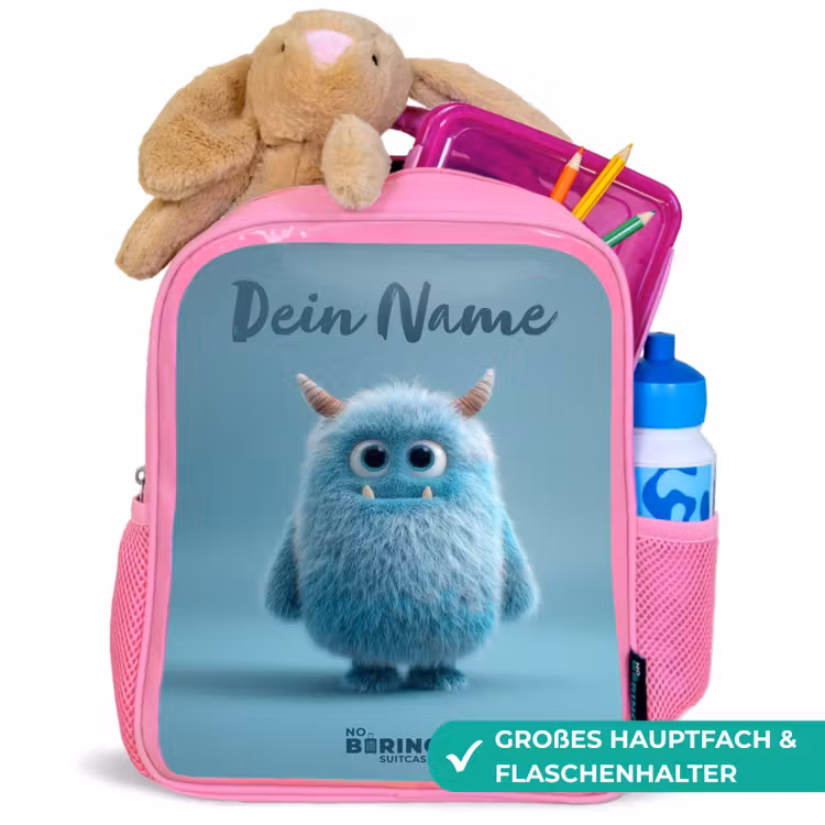 Rucksack Kind - Rosa - Blaues Plüschmonster mit Hörnern — 3