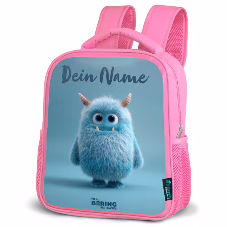 Rucksack Kind - Rosa - Blaues Plüschmonster mit Hörnern — 4