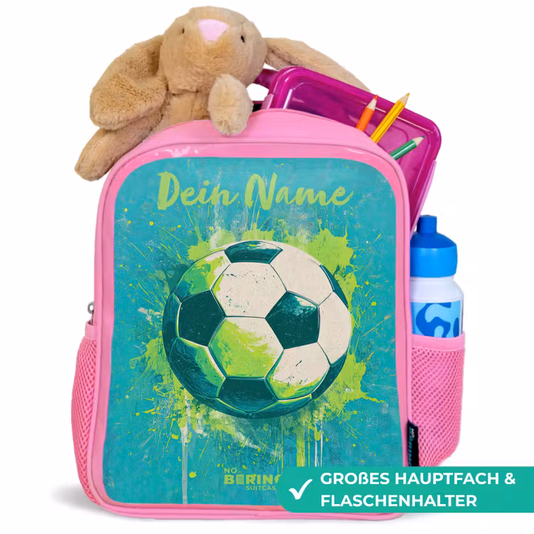 Kinderrucksack mit Namen - Rosa - Fußball-Vibes - Farbkleckse - Grün - Blau — 3