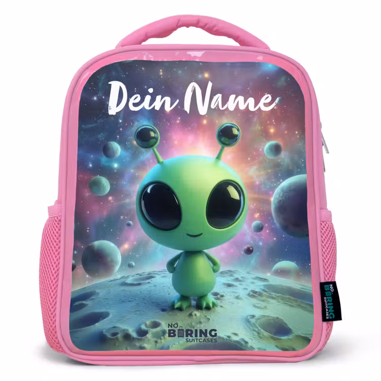Rucksack Kind - Rosa - Grünes außerirdisches Wesen auf Mondlandschaft — 1