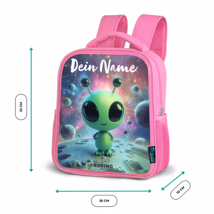 Rucksack Kind - Rosa - Grünes außerirdisches Wesen auf Mondlandschaft — 2