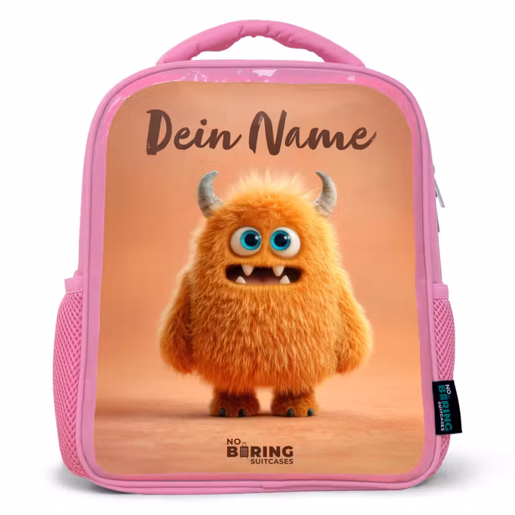 Rucksack Kind - Rosa - Orangefarbenes flauschiges Monster mit Hörnern — 1