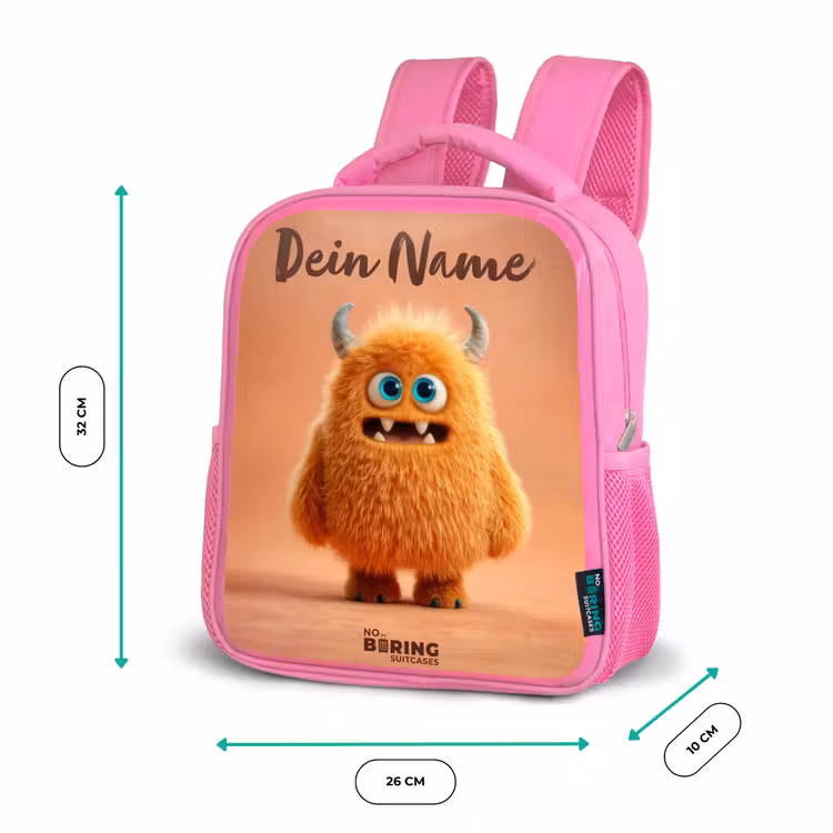 Rucksack Kind - Rosa - Orangefarbenes flauschiges Monster mit Hörnern — 2
