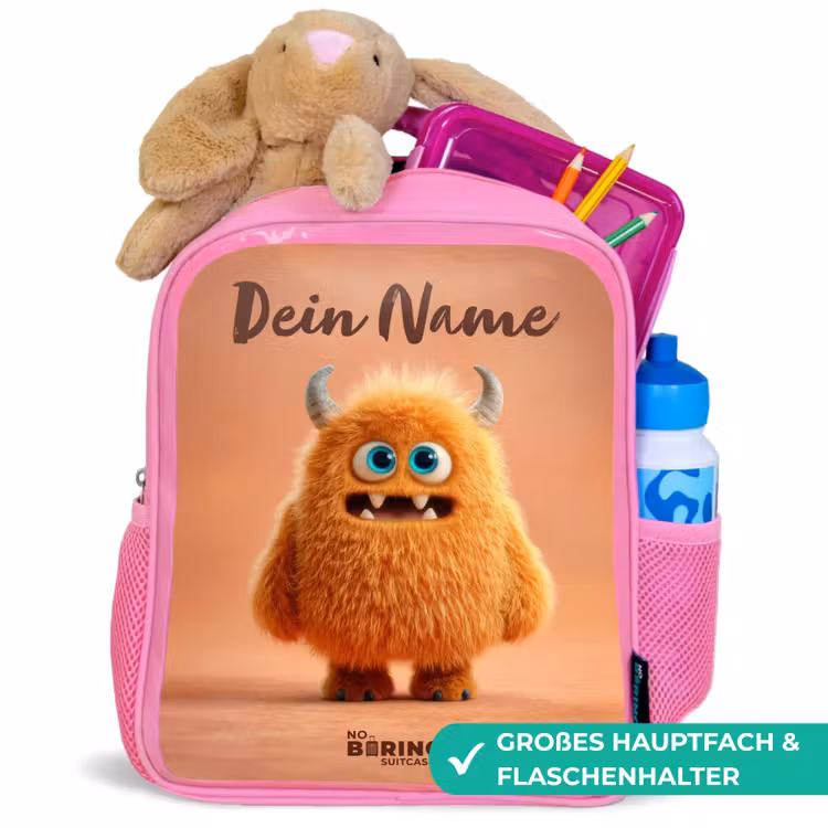 Rucksack Kind - Rosa - Orangefarbenes flauschiges Monster mit Hörnern — 3