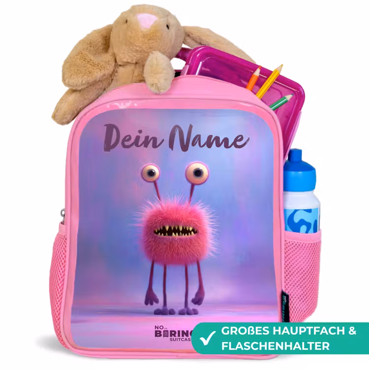 Rucksack Kind - Rosa - Rosa pelziges Monster mit großen Augen — 3