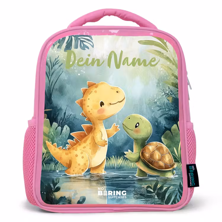Kinderrucksack mit Namen - Rosa - Dino - Schildkröte - Dschungel — 1