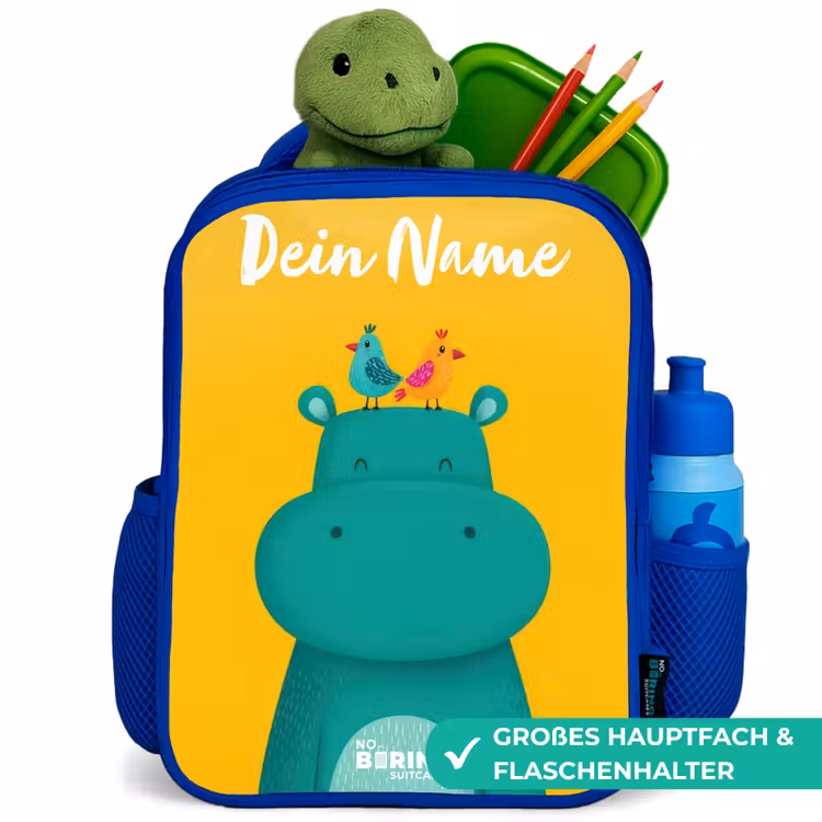 Kinderrucksack - Blau - Nilpferd - Vögel - Gelb — 3