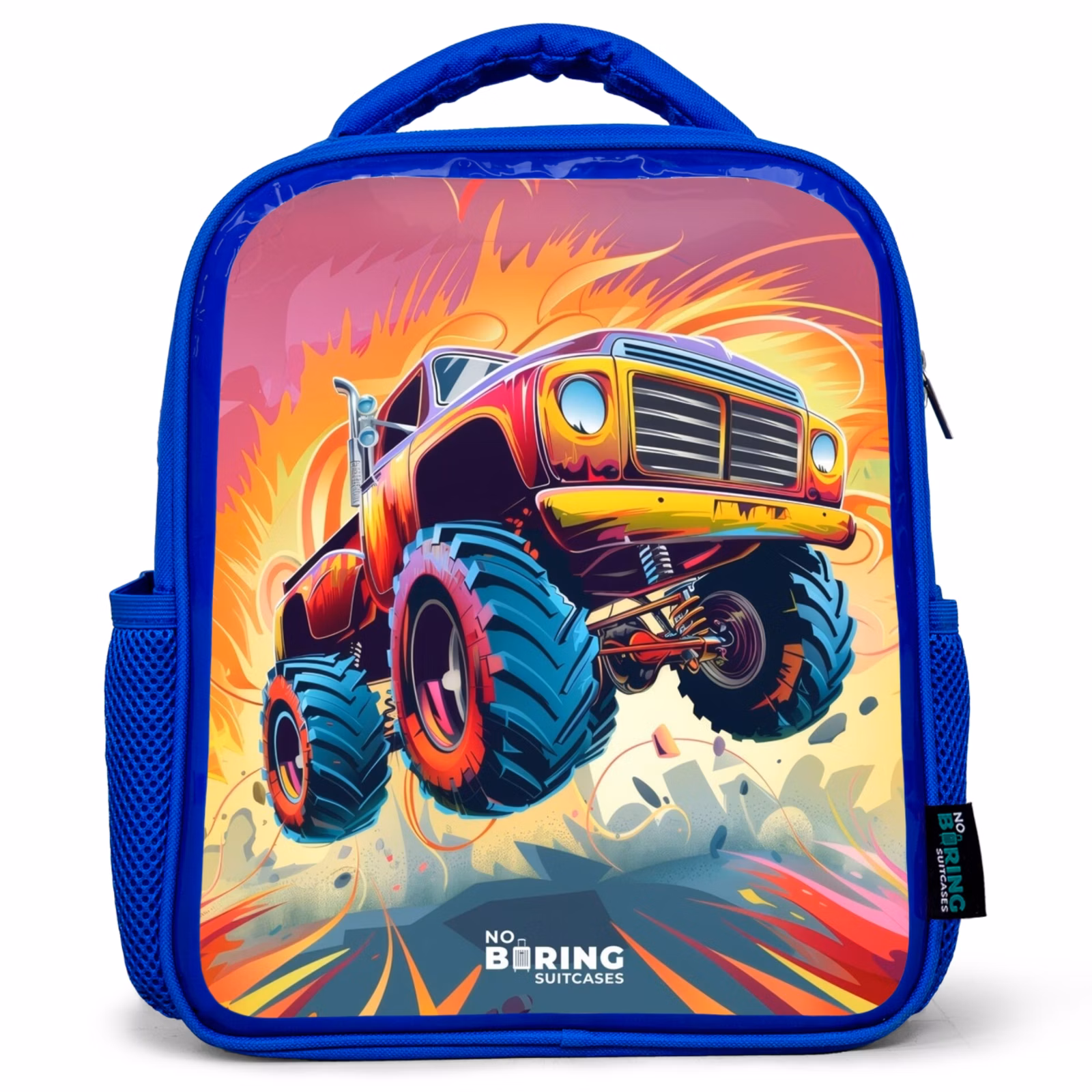 Kinderrucksack - Blau - Rosa Monstertruck fliegt über den Asphalt — 1