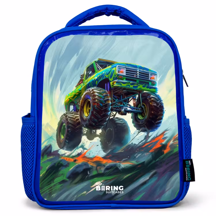 Kinderrucksack - Blau - Grüner Monstertruck mit Pinselstrichen — 1