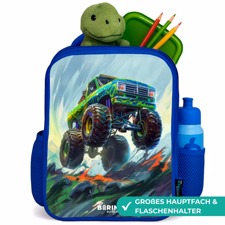 Kinderrucksack - Blau - Grüner Monstertruck mit Pinselstrichen — 3