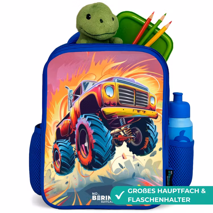 Kinderrucksack - Blau - Rosa Monstertruck fliegt über den Asphalt — 3