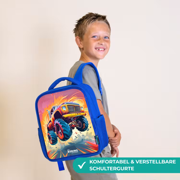 Kinderrucksack - Blau - Rosa Monstertruck fliegt über den Asphalt — 5