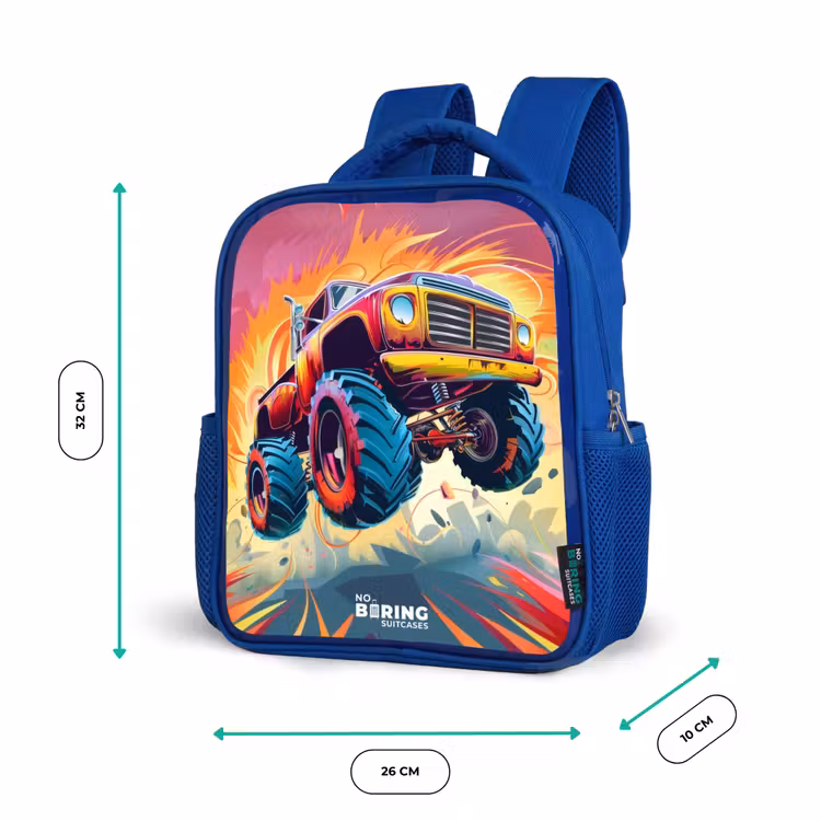 Kinderrucksack - Blau - Rosa Monstertruck fliegt über den Asphalt — 6