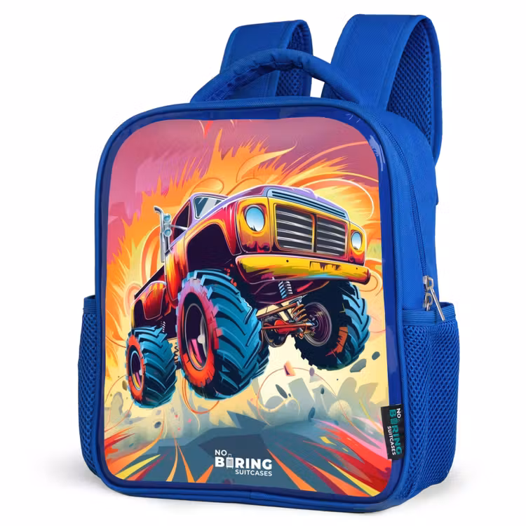 Kinderrucksack - Blau - Rosa Monstertruck fliegt über den Asphalt — 7