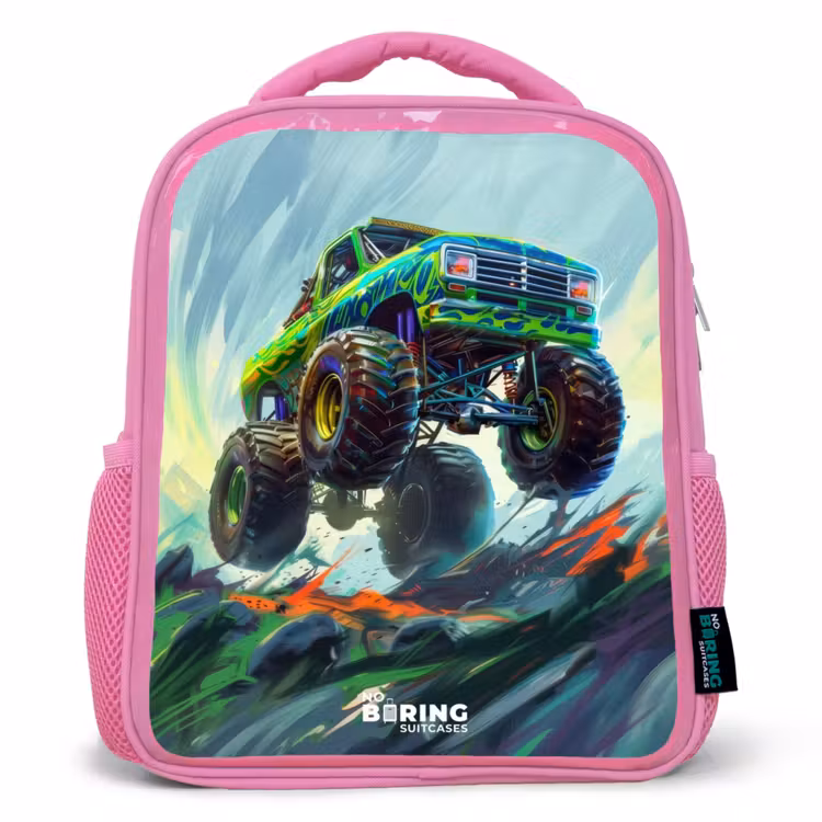 Kinderrucksack - Rosa - Grüner Monstertruck mit Pinselstrichen — 1