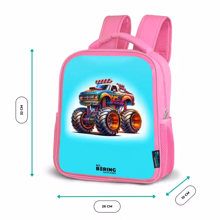 Kinderrucksack - Rosa - Monstertruck auf hellblauem Hintergrund — 2