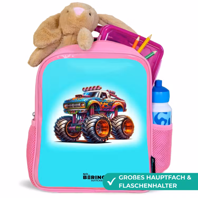 Kinderrucksack - Rosa - Monstertruck auf hellblauem Hintergrund — 3