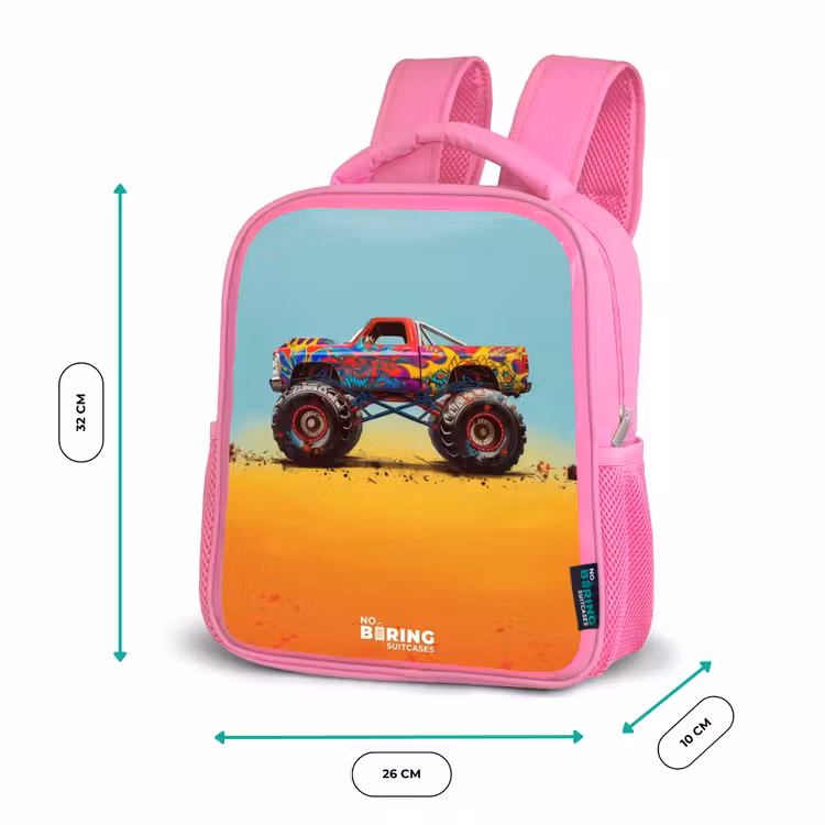 Kinderrucksack - Rosa - Monstertruck mit Graffitidruck im Sand — 2