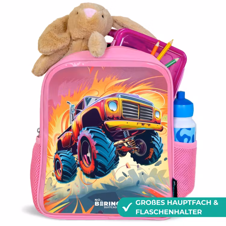 Kinderrucksack - Rosa - Rosa Monstertruck fliegt über den Asphalt — 3