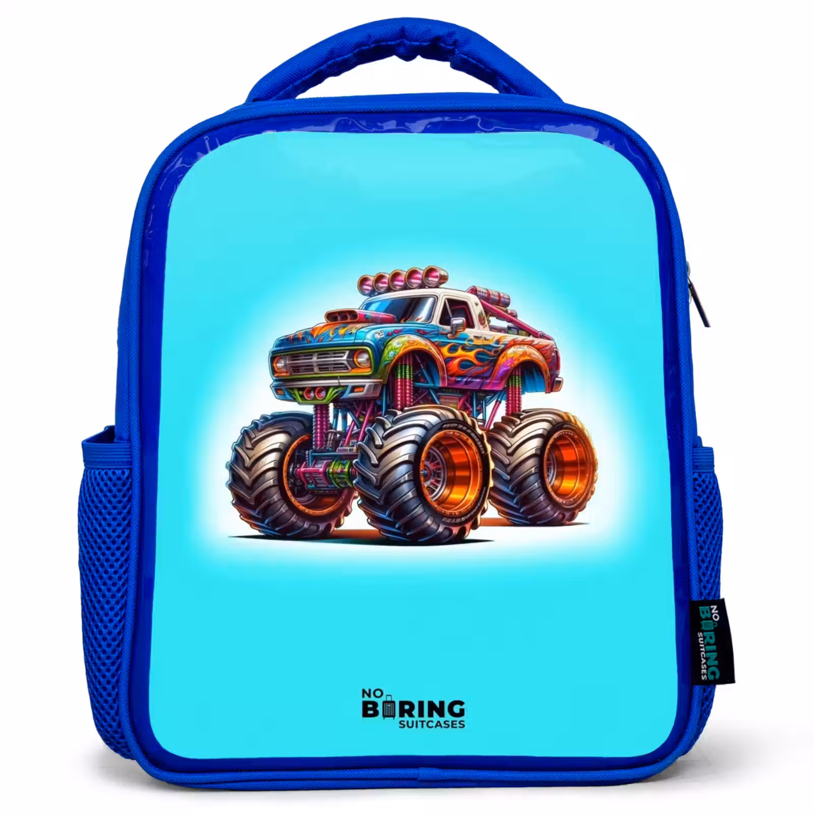 Kinderrucksack - Blau - Monstertruck auf hellblauem Hintergrund — 1