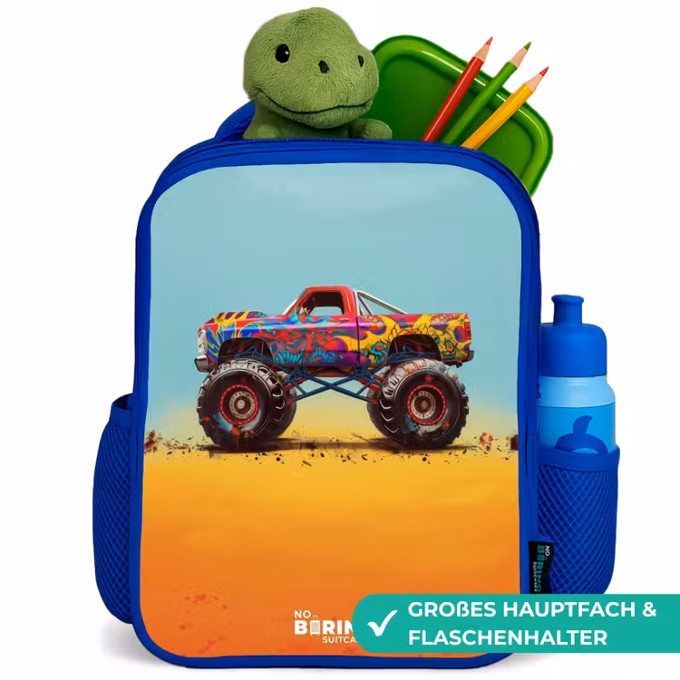 Kinderrucksack - Blau - Monstertruck mit Graffitidruck im Sand — 3