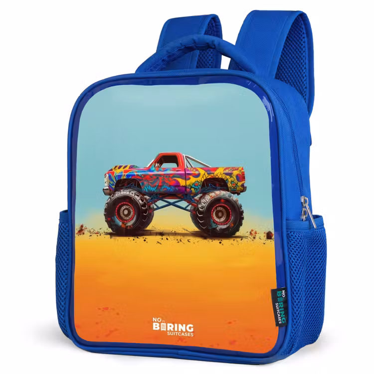 Kinderrucksack - Blau - Monstertruck mit Graffitidruck im Sand — 7