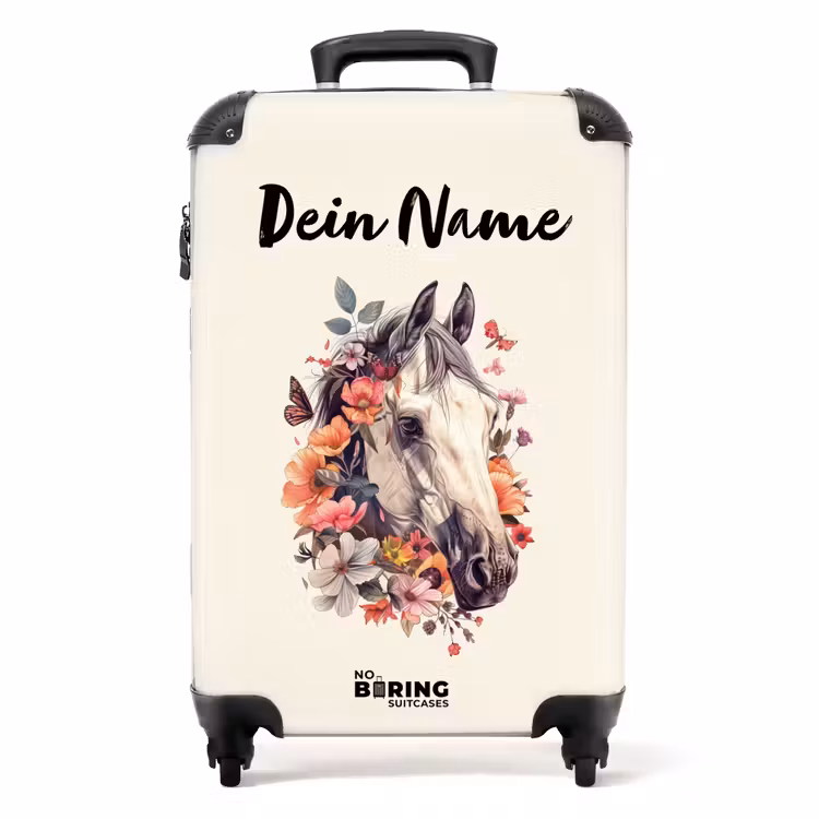 Koffer mit Name - Kopf eines weißen Pferdes, umgeben von Blumen und Schmetterlingen — 1