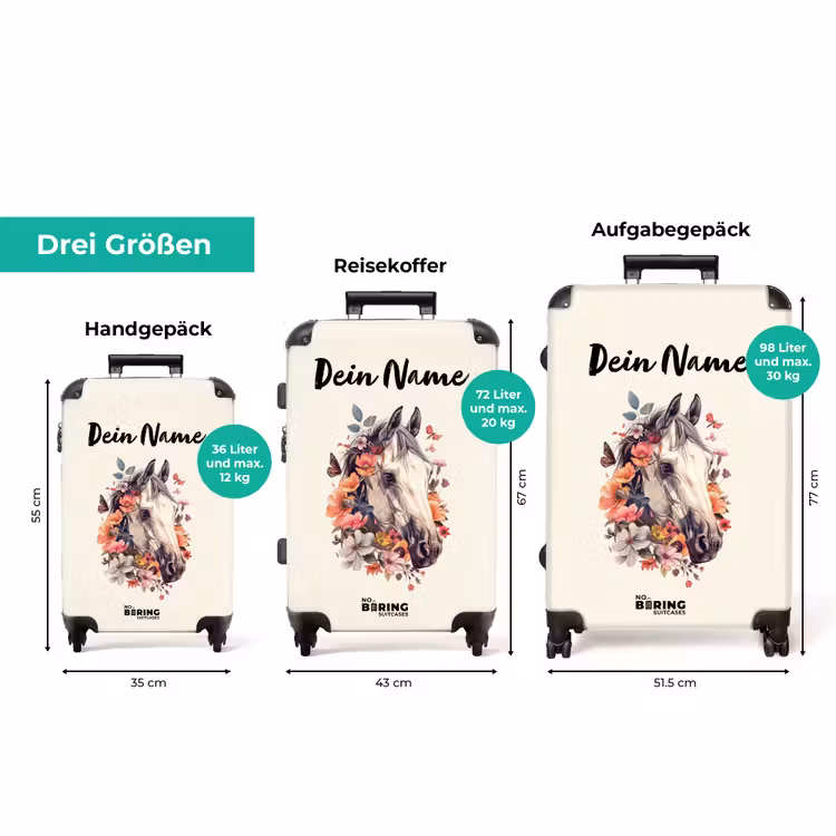 Koffer mit Name - Kopf eines weißen Pferdes, umgeben von Blumen und Schmetterlingen — 3