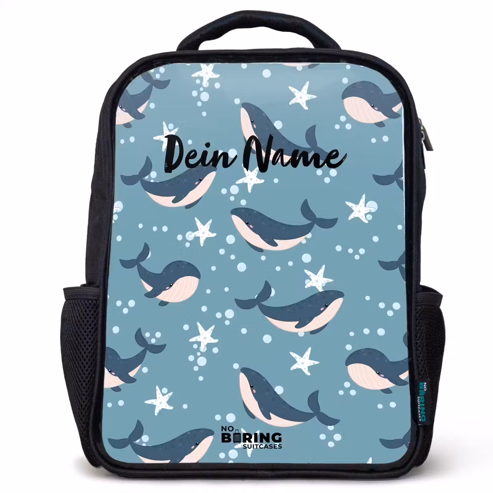 Kinderrucksack - Schwarz - Wale mit Seesternmuster blau — 1