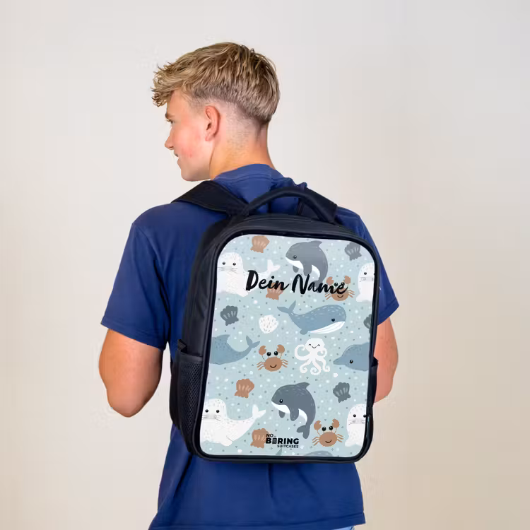 Kinderrucksack - Schwarz - Seetiermuster bunt — 3