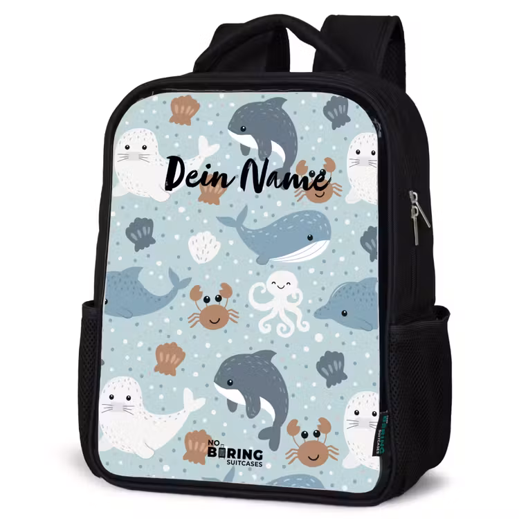 Kinderrucksack - Schwarz - Seetiermuster bunt — 4