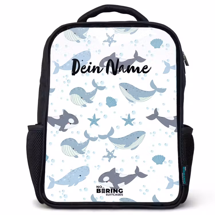 Kinderrucksack - Schwarz - Wal-Muster mit Muscheln blau — 1